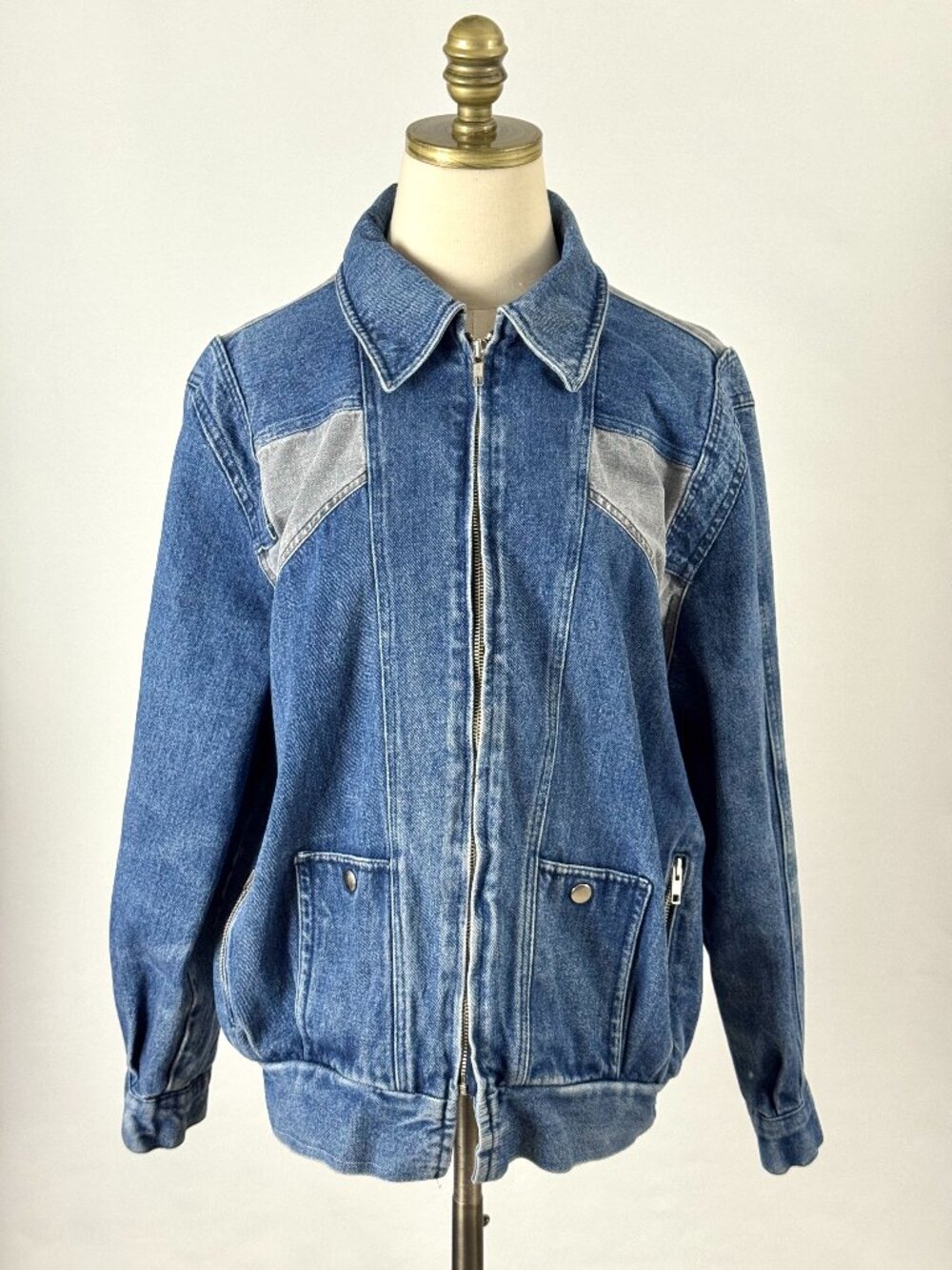 Vtg 80s Womens Denim Patchwork Zip Up Jacket Grunge Moto Biker Jean Gray Blue